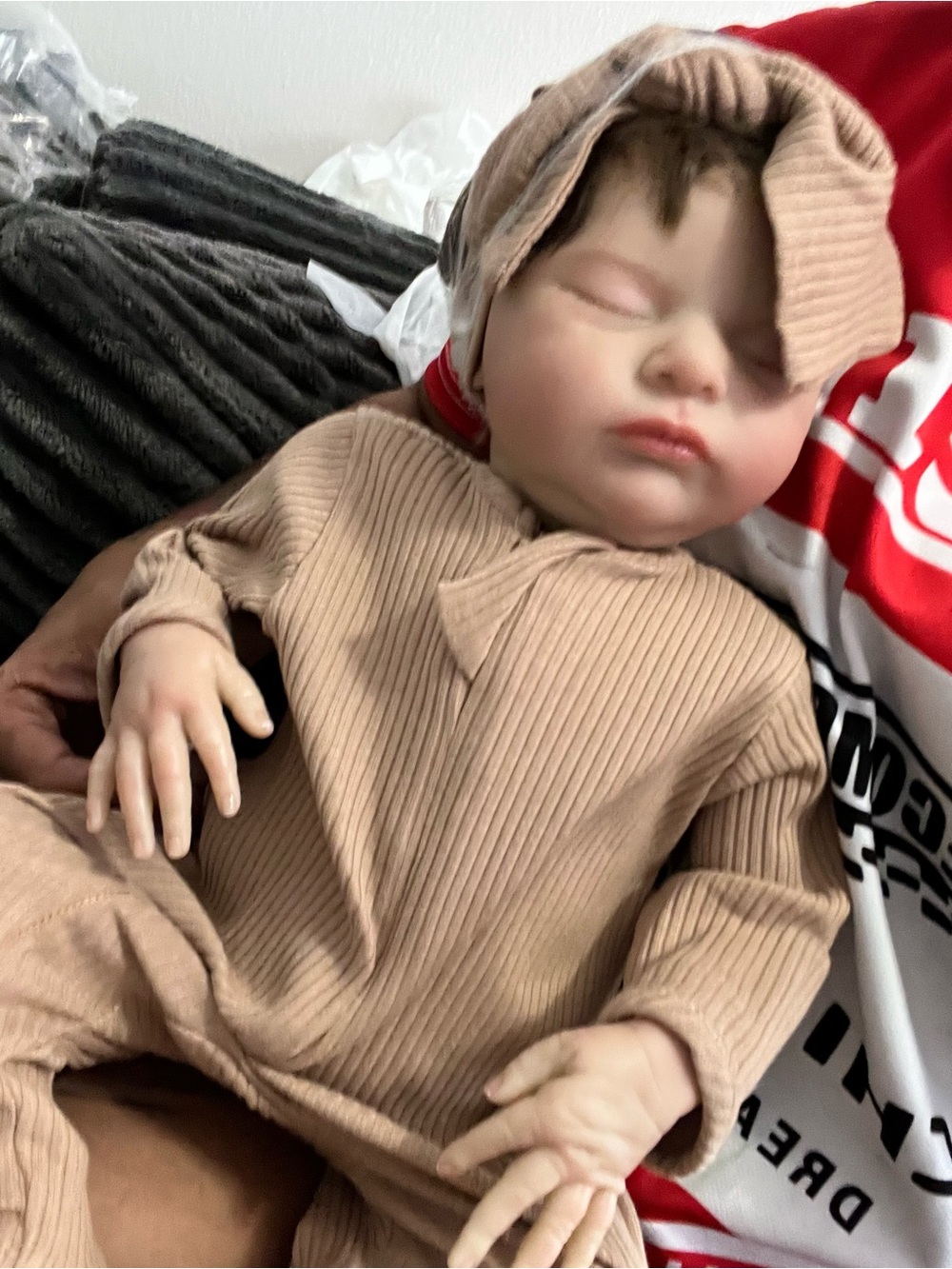 Realistic Baby Doll in Beige Ribbed Outfit - Kids Toys